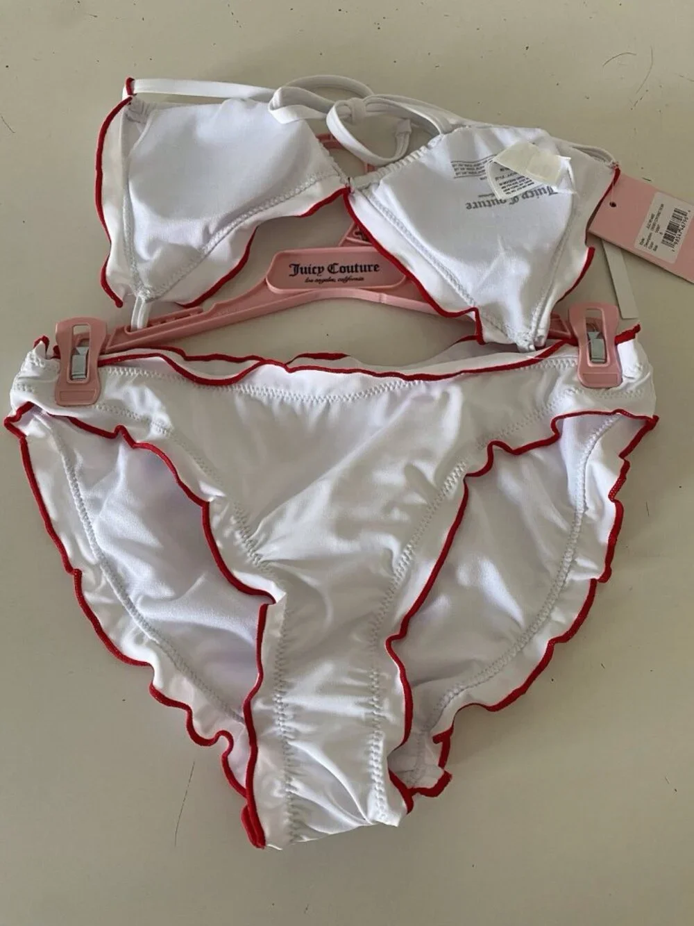 Juicy Couture Cherry Logo Contrast Triangle Bikini Size S White Ruffle Bottoms‎